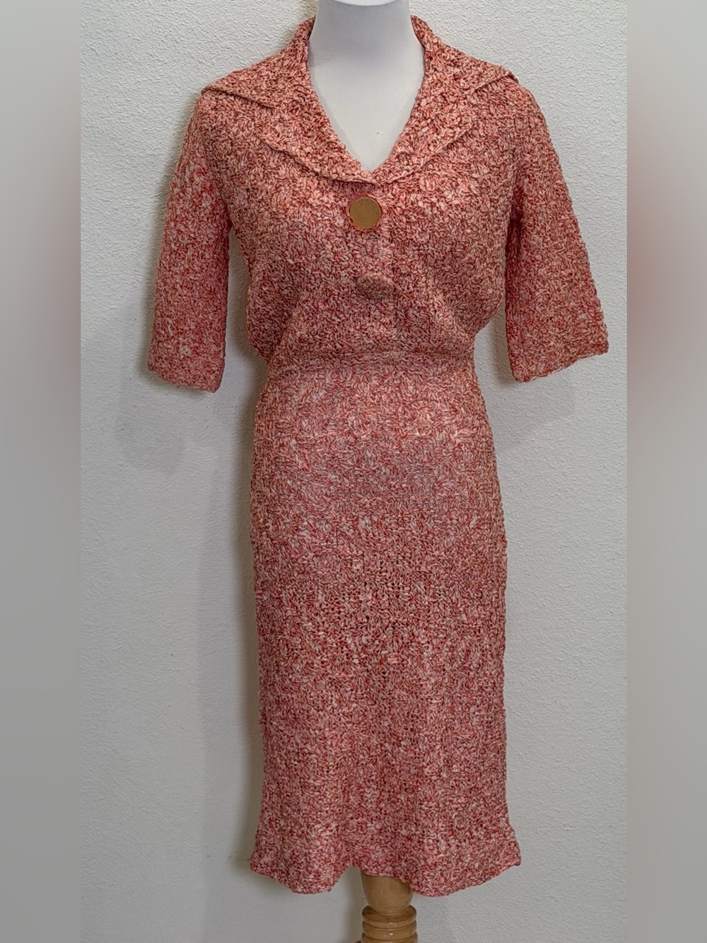 *As Is* Vintage Handmade Ribbon Knit Open Weave Midi Dress S/M Pink Art to Wear